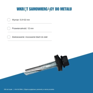 Wkręt samowiercący do metalu 5,5x32 mm, przewiercalność 12 mm, EPDM, 250 szt. – kolor do wyboru
